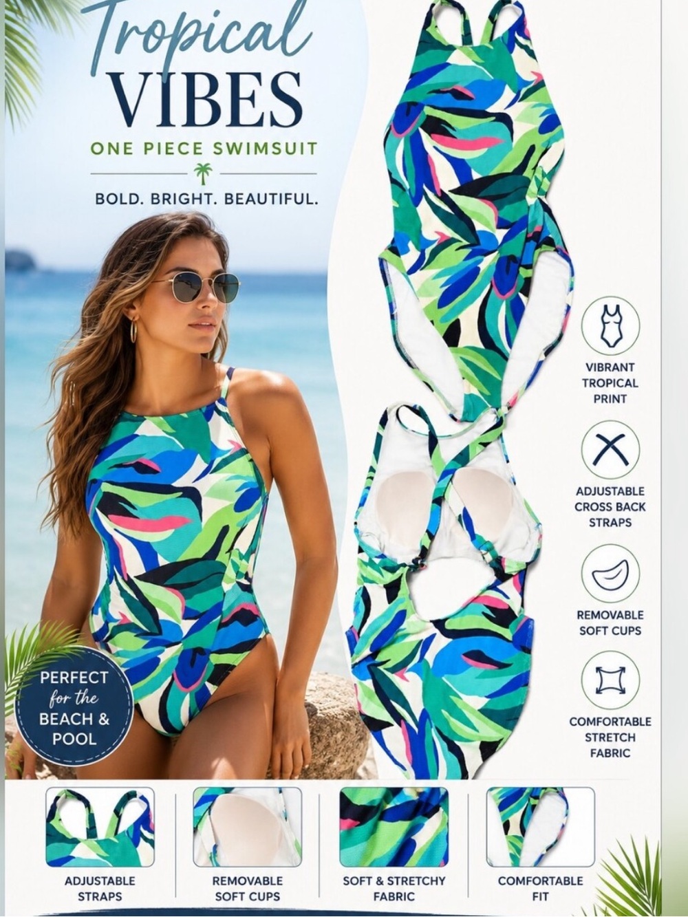 Shade & Shore NWT L BRIGHT GREENS & BLUE Floral High-Neck One-Piece Swimsuit - Picture 5 of 9